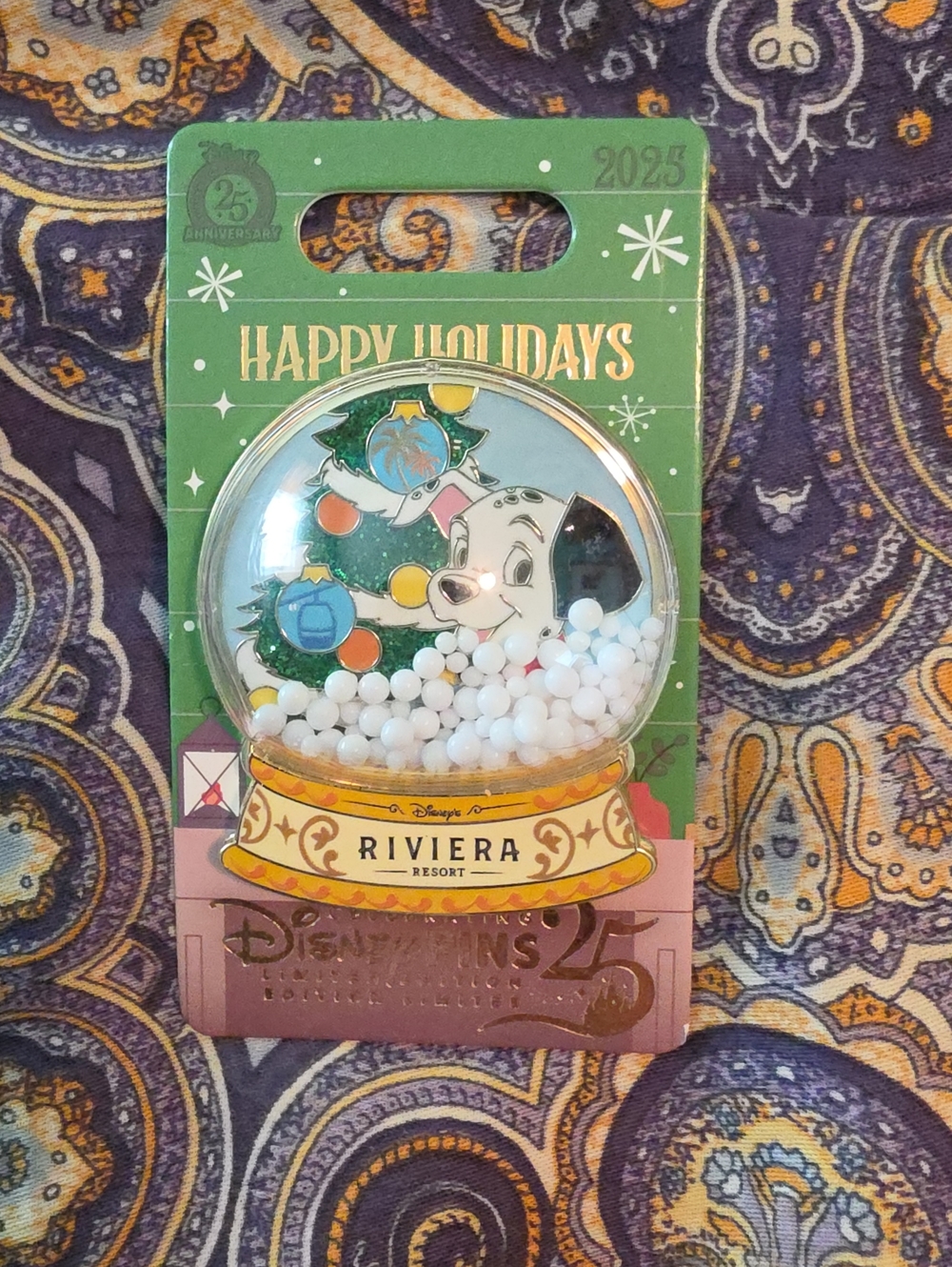 Disney Parks 2025 Christmas Snow Globe Riviera Resort Pin 101 Dalmatians Lucky